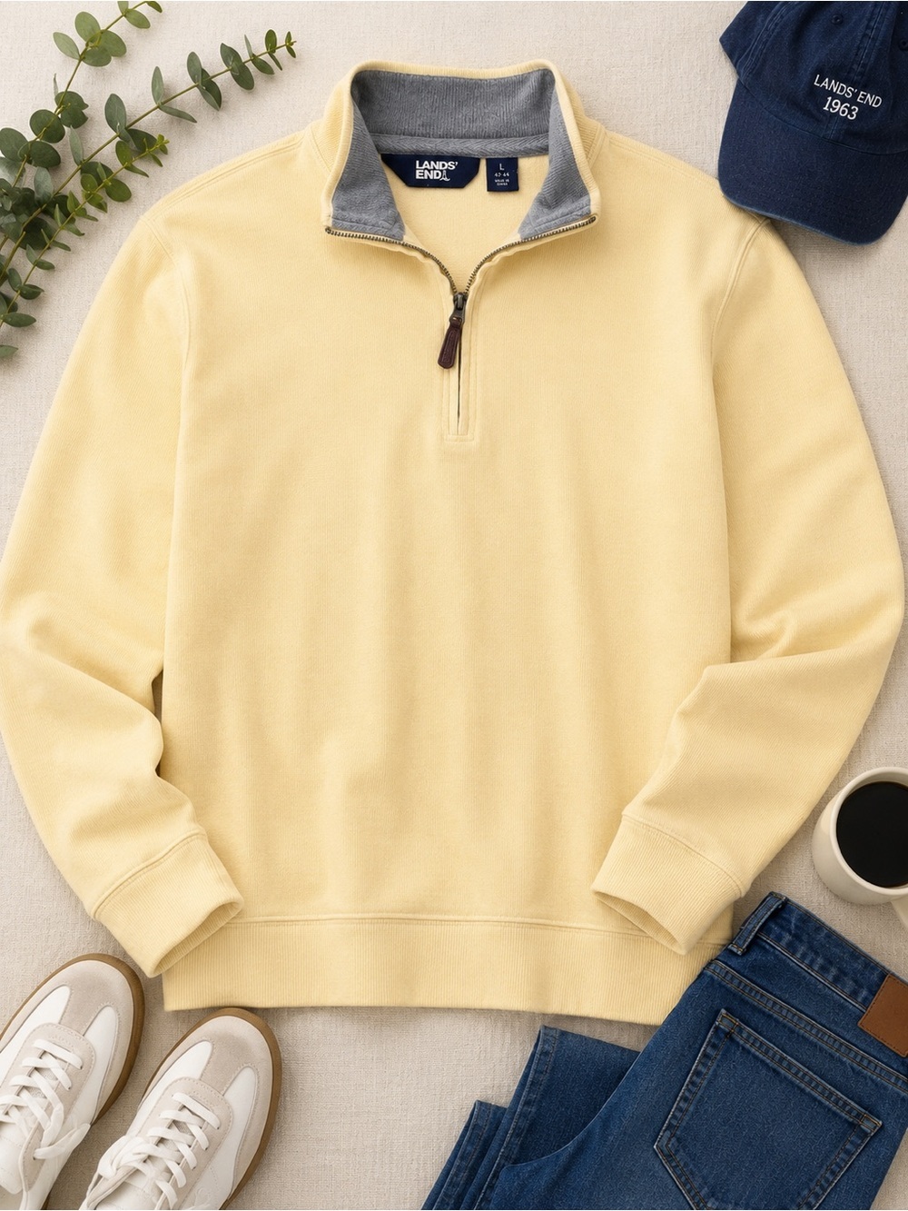 Lands’ End Men’s Large Pale Yellow Quarter Zip Pullover Sweatshirt